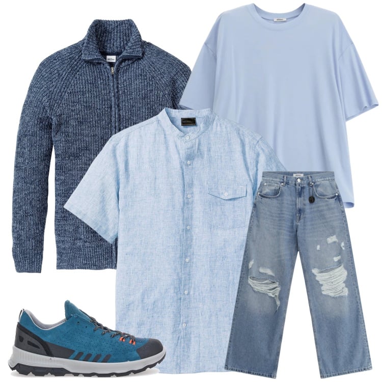 Outfit uomo - Sky Shades. Stile Urban per Tutti i giorni. Abbinamento con cardigans, camicie a manica corta, t-shirt, jeans strappati, stivali e stivaletti.