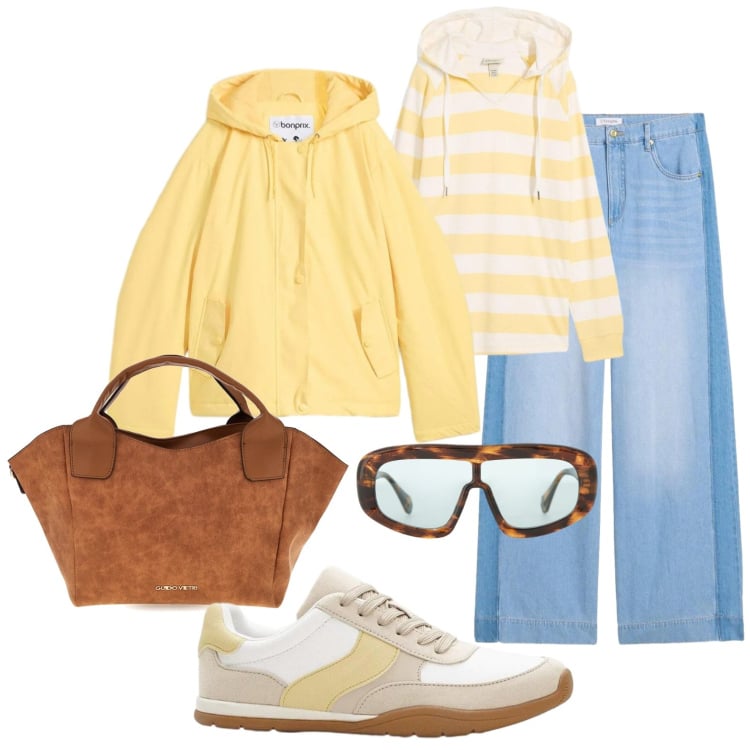 Outfit donna - Gita Pasquale. Stile Casual per Scuola/Università. Abbinamento con sneakers, jeans, felpe con cappuccio, blazer, occhiali da sole, borse a mano.