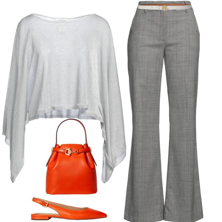 Outfit donna - Silver Light & Vitamin Orange. Stile Chic per Serata fuori. Abbinamento con pullovers, pantaloni, borse a secchiello, cinture, ballerine.