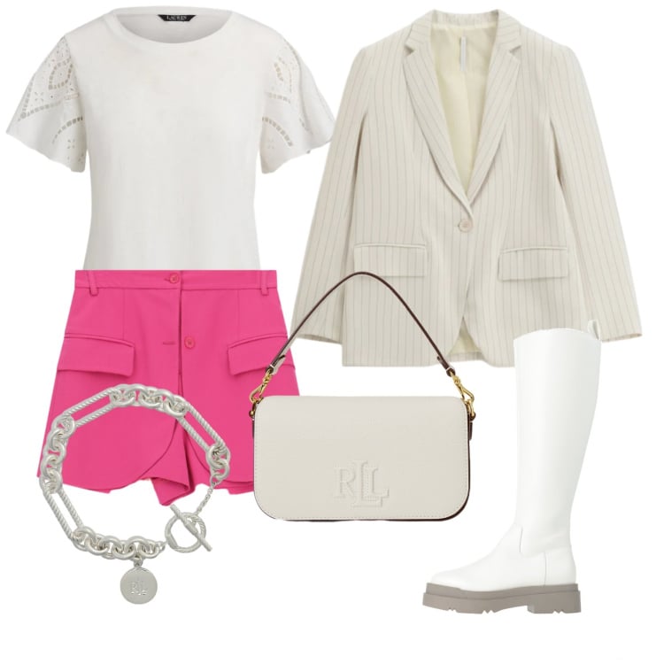 Outfit donna - Aprile. Stile Casual chic per Tutti i giorni. Abbinamento con stivali, blazer, shorts, borse a spalla, braccialetti, t-shirt.