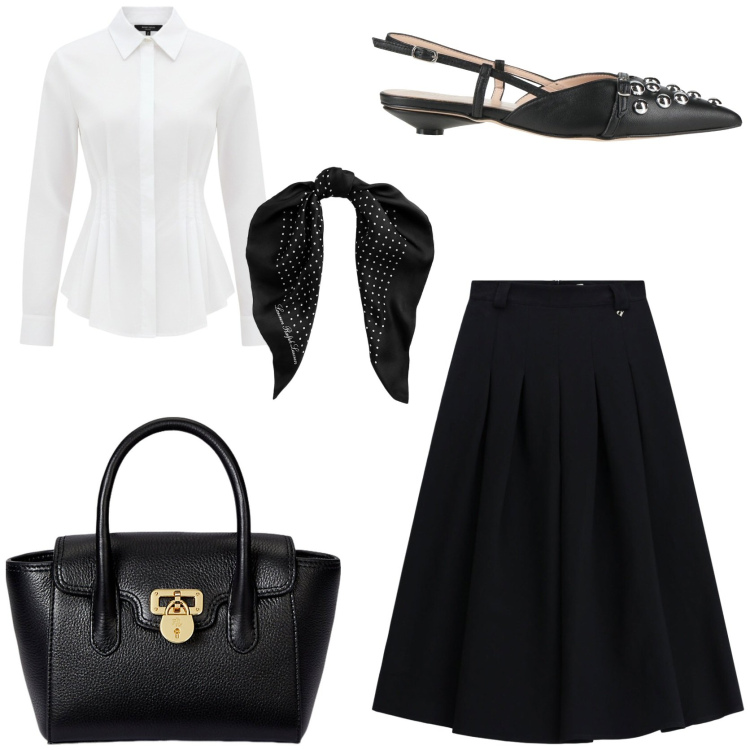 Outfit donna - Elegante e femminile. Stile Chic per Tutti i giorni. Abbinamento con ballerine, camicie, gonne longuette, foulard, borse a mano.