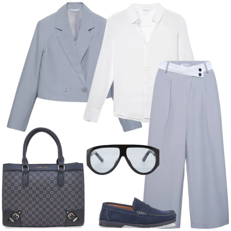 Outfit donna - Total look #2374983. Stile Mannish per Ufficio. Abbinamento con occhiali da sole, pantaloni, camicie, borse a tracolla, blazer, mocassini.