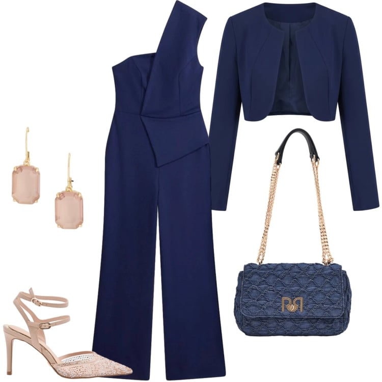 Outfit donna - Outfit compleanno. Stile Chic per Serata fuori. Abbinamento con tute, bolero, décolleté, borse a spalla, orecchini.