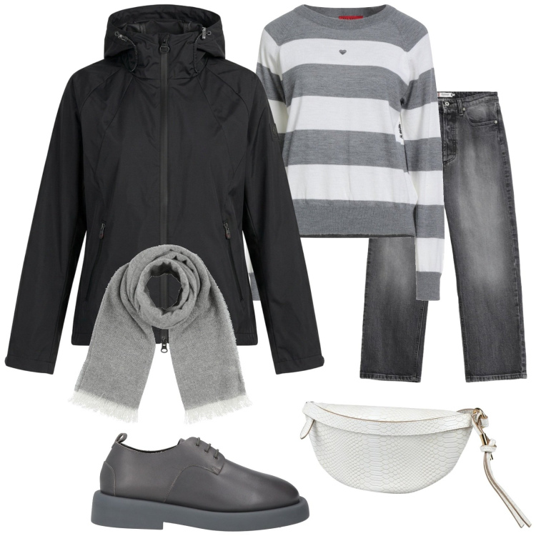 Outfit donna - Se piove. Stile Casual per Tutti i giorni. Abbinamento con pullovers, scarpe stringate, marsupi, sciarpe, jeans, blazer.