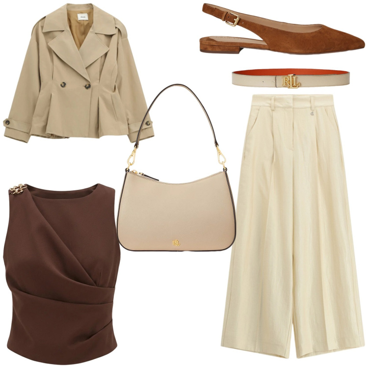 Outfit donna - Coloniale. Stile Trendy per Tutti i giorni. Abbinamento con top, blazer, pantaloni a palazzo, cinture, borse a spalla, ballerine.