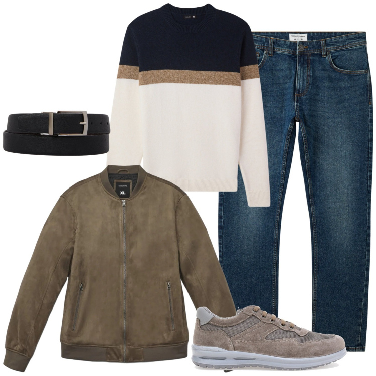 Outfit uomo - Total look #2374993. Stile Casual per Ufficio. Abbinamento con jeans, cinture, giacche, maglieria, sneakers.