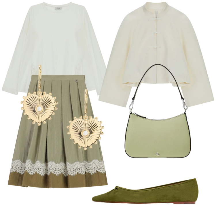 Outfit donna - Gonna midi. Stile Romantica per Tutti i giorni. Abbinamento con cappotti, gonne longuette, t-shirt, borse a spalla, ballerine, orecchini.