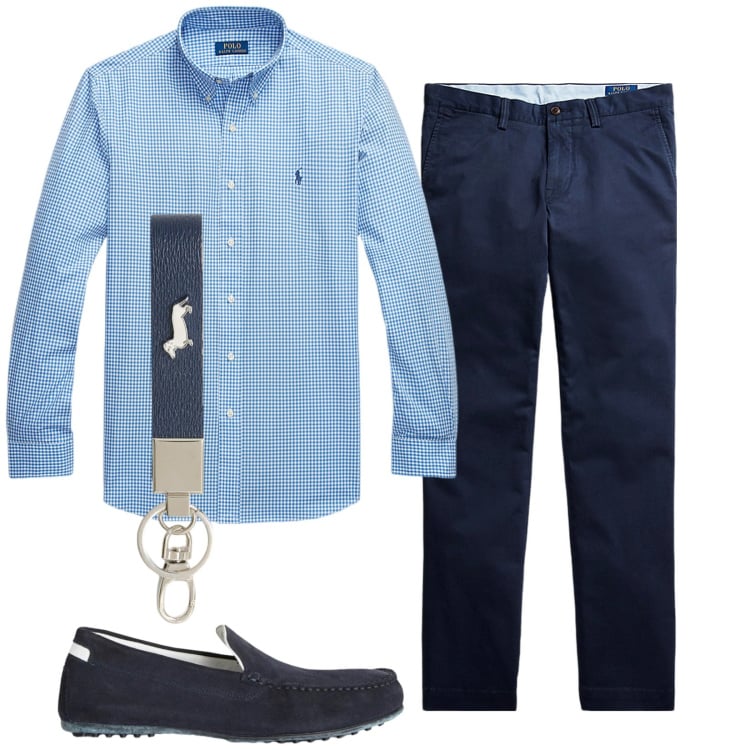 Outfit uomo - Aprile blu. Stile Business/Elegante per Ufficio. Abbinamento con scarpe stringate, portachiavi, pantaloni, camicie.