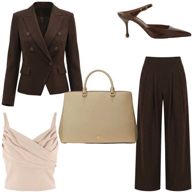 Outfit donna - Workwear. Stile Chic per Tutti i giorni. Abbinamento con blazer, canottiere, pantaloni a palazzo, décolleté, borse a mano.