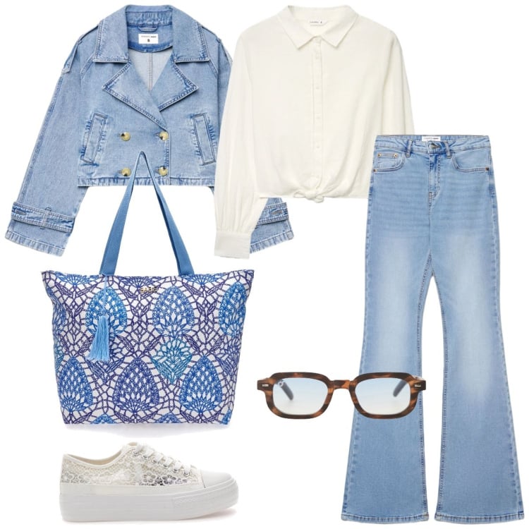 Outfit donna - Total look #2374998. Stile Casual per Tutti i giorni. Abbinamento con occhiali da sole, sneakers, jeans a zampa, caban, camicie, shopping bag.
