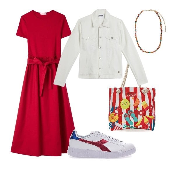 Outfit donna - oggi al parco. Stile Casual per Tutti i giorni. Abbinamento con collane, giacche, shopping bag, sneakers, vestiti lunghi.