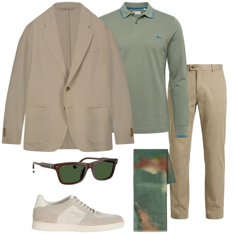 Outfit uomo - Giacca di primavera. Stile Trendy per Tutti i giorni. Abbinamento con pantaloni chino, sciarpe, sneakers, polo, occhiali da sole, giacche.
