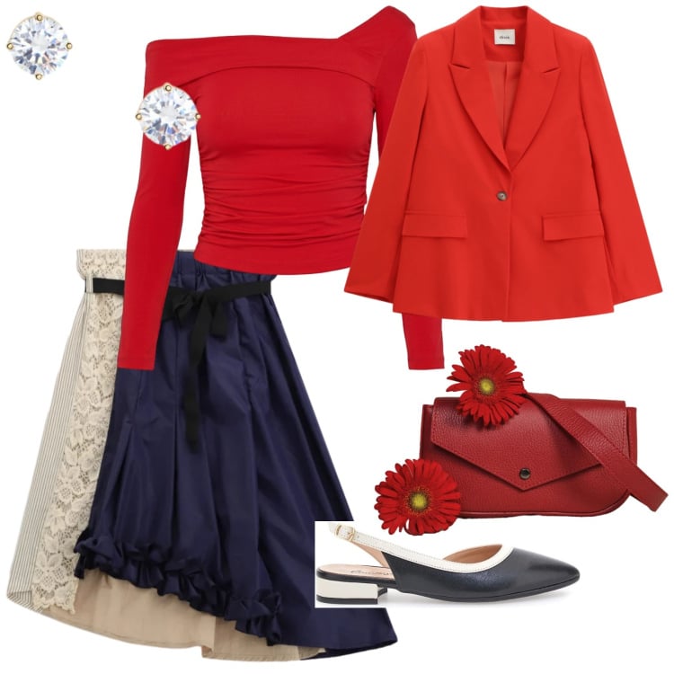 Outfit donna - Cerimonia in gonna midi. per Cerimonia. Abbinamento con t-shirt, gonne longuette, blazer, borse a tracolla, orecchini, ballerine.