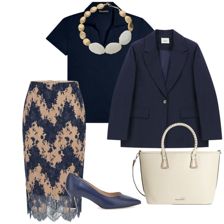 Outfit donna - In ufficio con la gonna midi. per Ufficio. Abbinamento con shopping bag, gonne longuette, collane, blazer, t-shirt, décolleté.