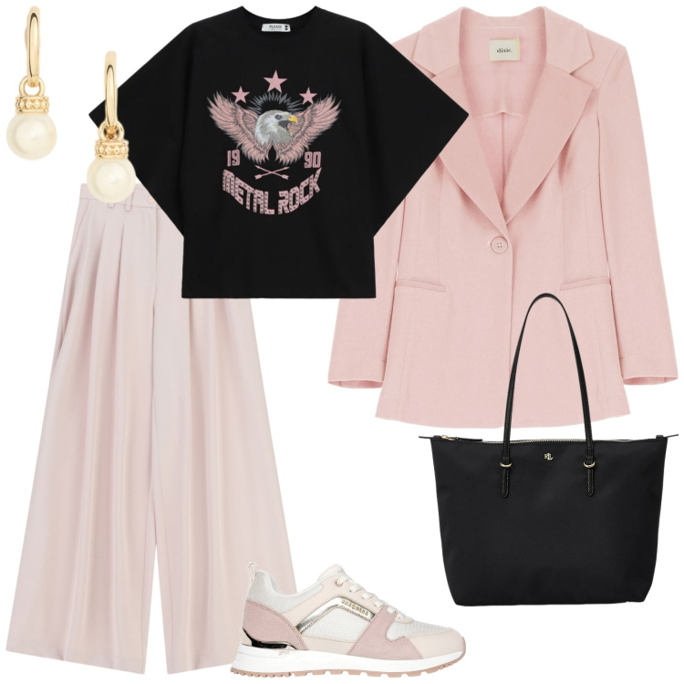 Outfit donna - Pantaloni rosa. per Tutti i giorni. Abbinamento con blazer, pantaloni a palazzo, t-shirt, borse tote, orecchini, sneakers.