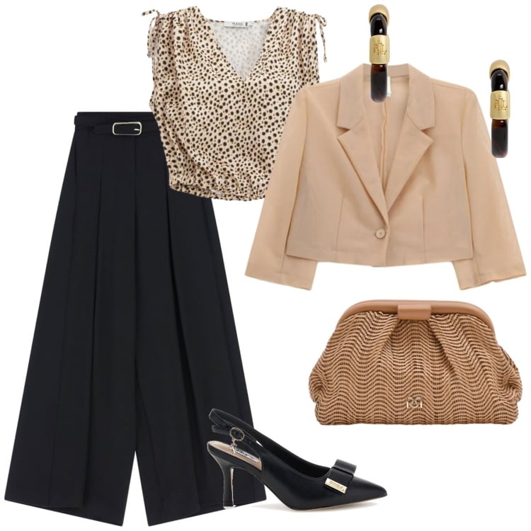 Outfit donna - Pantaloni neri. per Cerimonia. Abbinamento con top, pantaloni a palazzo, blazer, pochette, orecchini, décolleté.