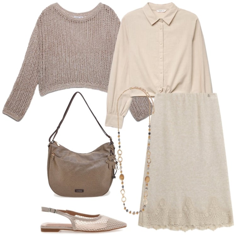 Outfit donna - Total look #2375009. Stile Romantica per Tutti i giorni. Abbinamento con collane, gonne longuette, borse a spalla, ballerine, maglieria, camicie.