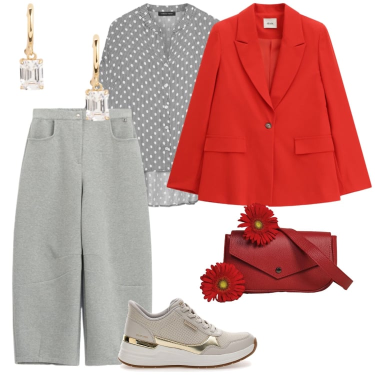 Outfit donna - Grigio in primavera. per Tutti i giorni. Abbinamento con camicie, blazer, pantaloni, borse a tracolla, orecchini, sneakers.