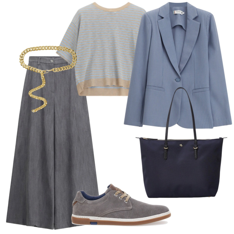 Outfit donna - Grigio in primavera. per Tutti i giorni. Abbinamento con cinture, pantaloni a palazzo, maglieria, blazer, borse tote, scarpe stringate.