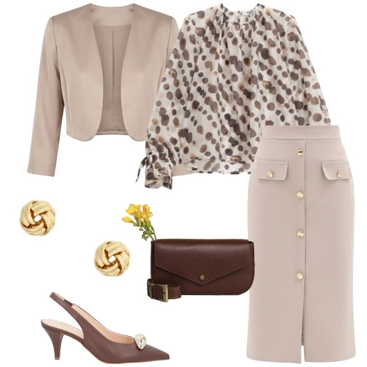 Outfit donna - Total look #2375015. Stile Chic per Ufficio. Abbinamento con décolleté, bluse, gonne longuette, blazer, borse a tracolla, orecchini.