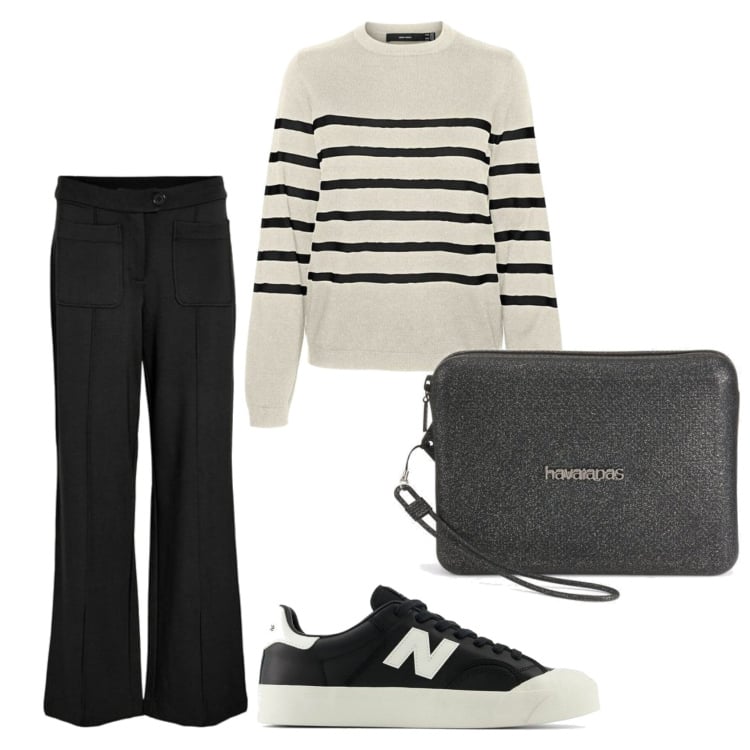 Outfit mujer - Basic look. Estilo Basic para Todos los días. Combinación con prendas de punto, bolsos de mano, sneakers, pantalones.