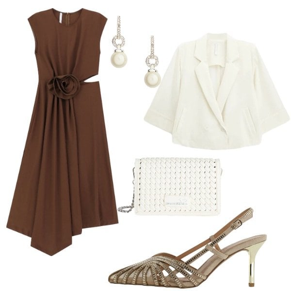 Outfit donna - matrimonio ad Aprile. Stile Romantica per Cerimonia. Abbinamento con borse a tracolla, vestiti midi/longuette, blazer, décolleté, orecchini.