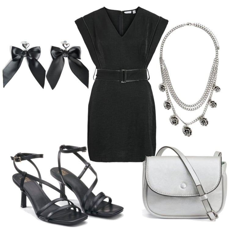 Outfit mujer - De fiesta. Estilo Trendy para Noche/Fiesta elegante. Combinación con sandalias de tacón, bolsos de mano, vestidos cortos, pendientes, colgantes.