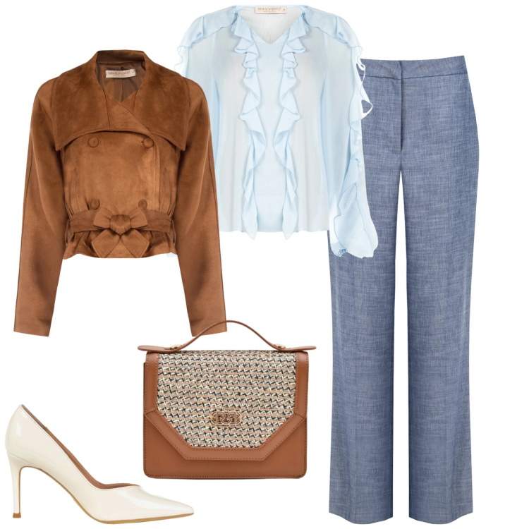 Outfit donna - Eleganza disinvolta. Stile Chic per Tutti i giorni. Abbinamento con bluse, pantaloni, pochette, giacche, décolleté.