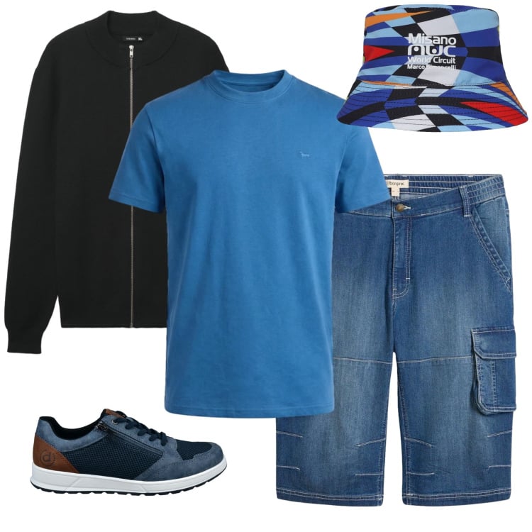 Outfit uomo - Urban Dynamic Blue. Stile Urban per Tutti i giorni. Abbinamento con bermuda, cappelli, cardigans, t-shirt, sneakers.