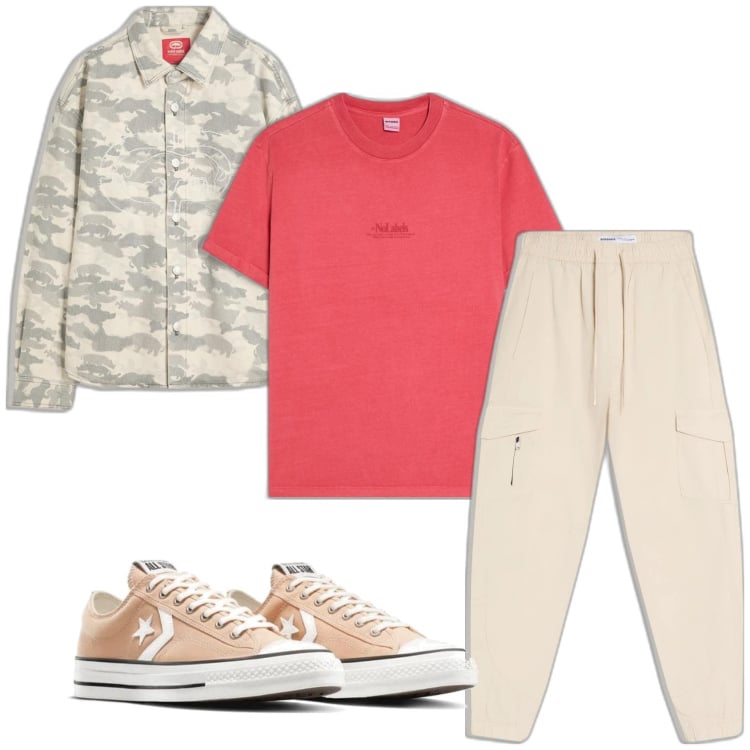 Outfit hombre - Urban style. Estilo Urban para Todos los días. Combinación con camisas, sneakers, pantalones cargo, camiseta.