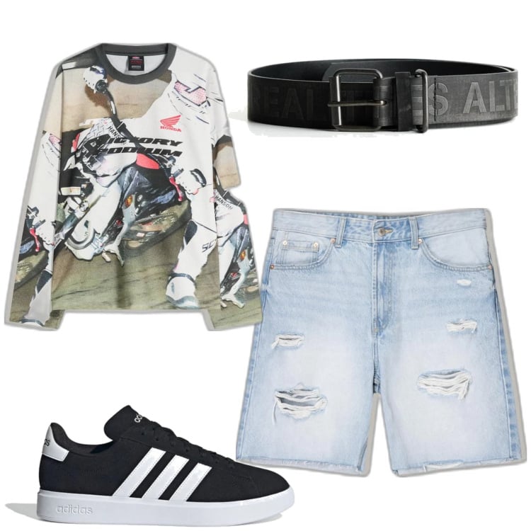 Outfit hombre - Casual look. Estilo Casual para Todos los días. Combinación con sneakers, bermudas, cinturones, camiseta.