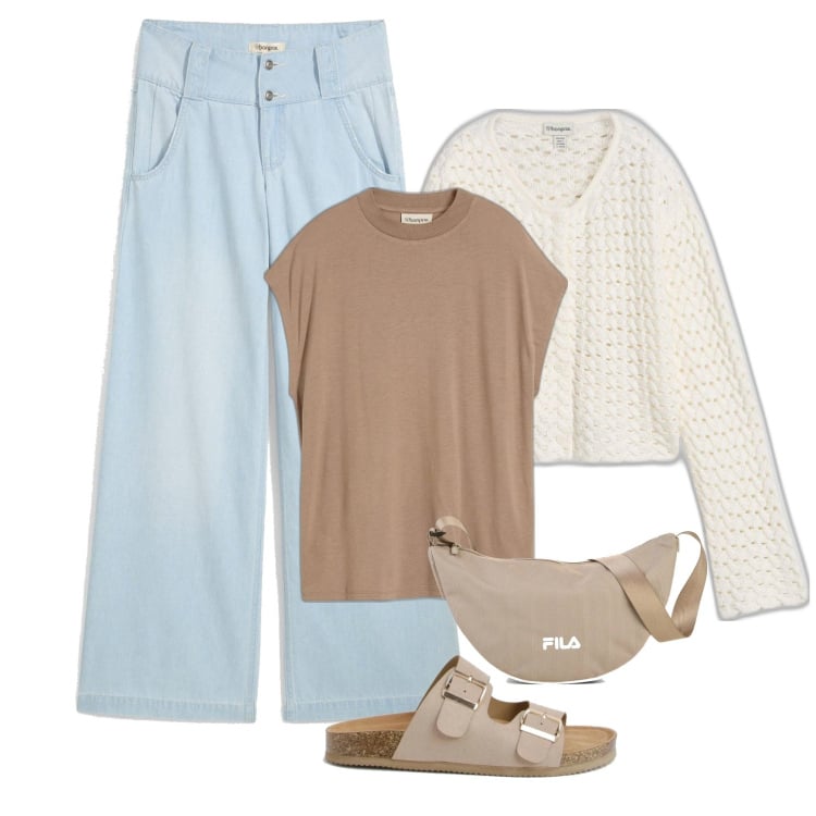 Outfit femme - Jean large. Style Casual pour Tous les jours. Assortir avec jeans, pulls, sacs en bandoulière, t-shirts, sandales.