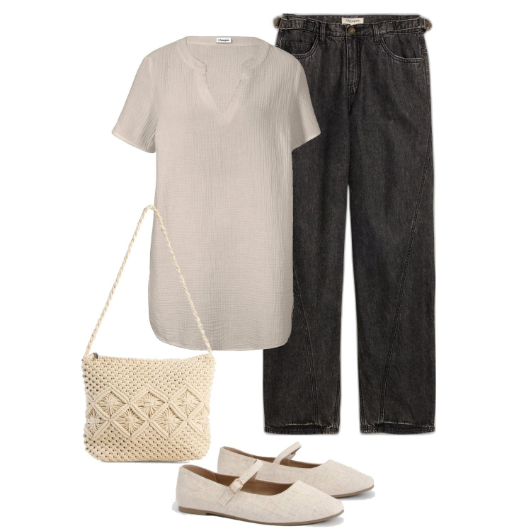 Outfit femme - Ballerines effet lin. Style Basique pour Tous les jours. Assortir avec jeans, tuniques, sacs en bandoulière, ballerines.