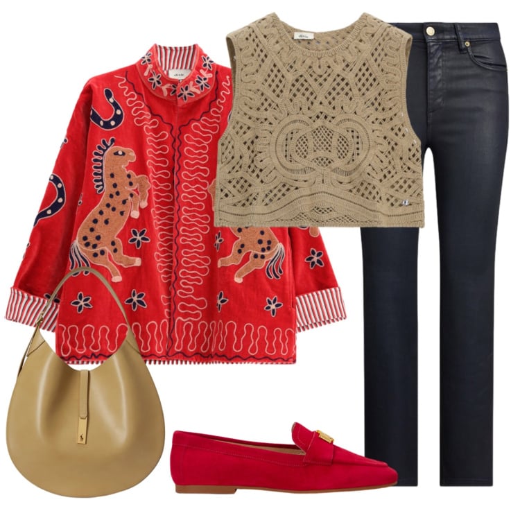 Outfit donna - Total look #2375037. Stile Glamour per Tutti i giorni. Abbinamento con cappotti, top, borse a spalla, jeans dritti, mocassini.