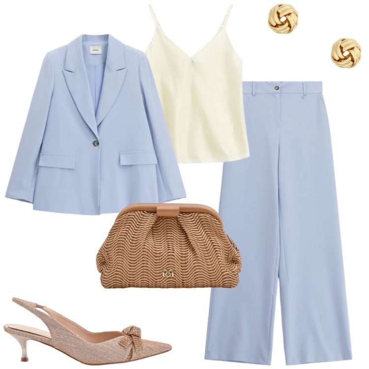 Outfit donna - Spring sale. Stile Urban per Tutti i giorni. Abbinamento con décolleté, pochette, pantaloni a palazzo, blazer, top, orecchini.