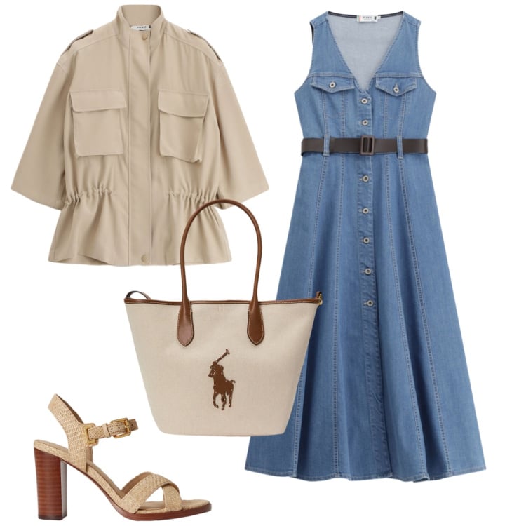 Outfit donna - Spring in Sale. Stile Casual per Ufficio. Abbinamento con parka, vestiti midi/longuette, borse tote, sandali col tacco.