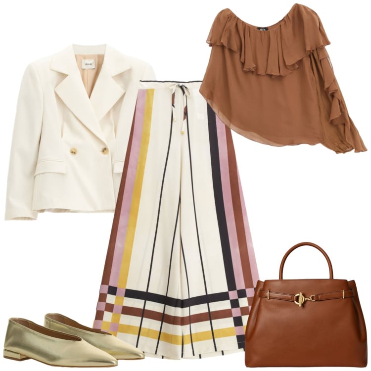Outfit donna - Il pantalone protagonista di aprile. Stile Glamour per Tutti i giorni. Abbinamento con pantaloni a palazzo, ballerine, blazer, bluse, borse a mano.