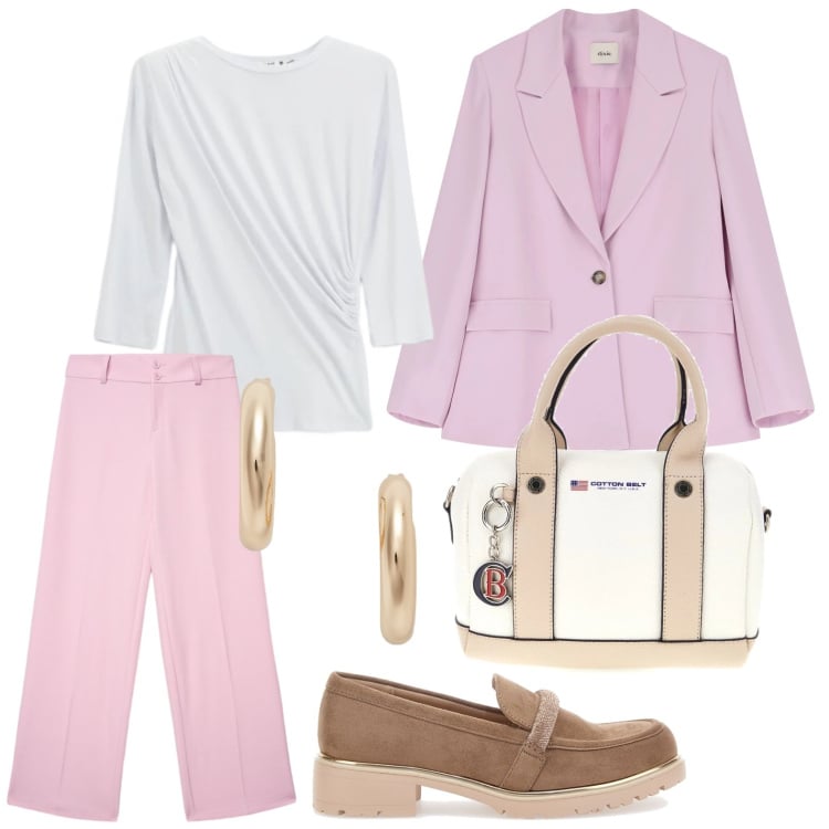 Outfit donna - Spring in Sale. Stile Minimal per Tutti i giorni. Abbinamento con top, blazer, orecchini, mocassini, pantaloni, borse a mano.