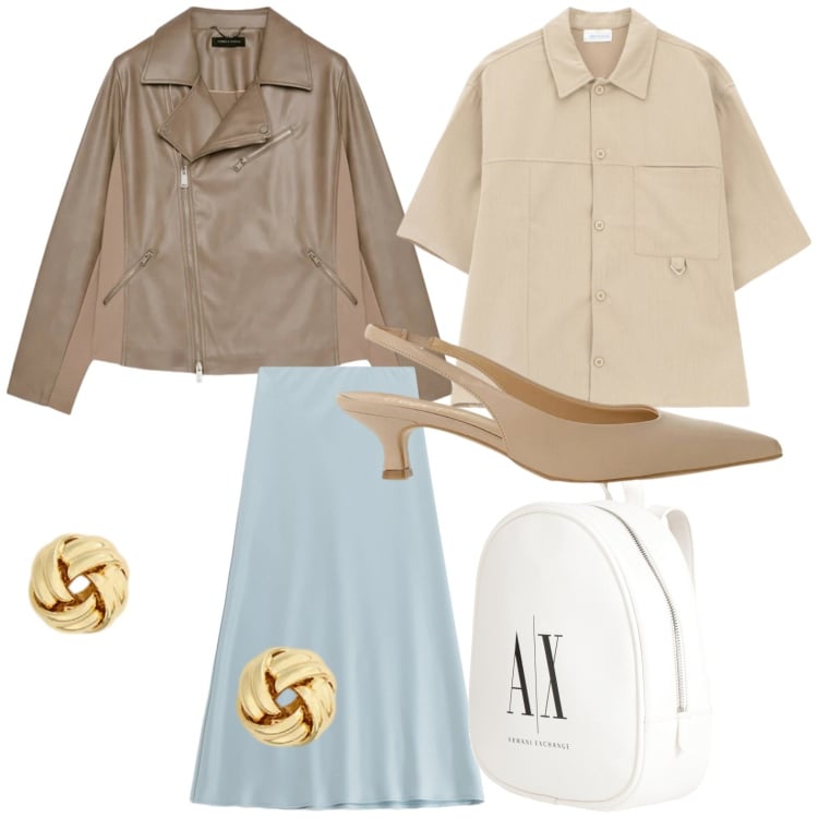 Outfit donna - Gonna midi eleganza e comfort. Stile Minimal per Tutti i giorni. Abbinamento con zaini, blazer, gonne lunghe, camicie, décolleté, orecchini.