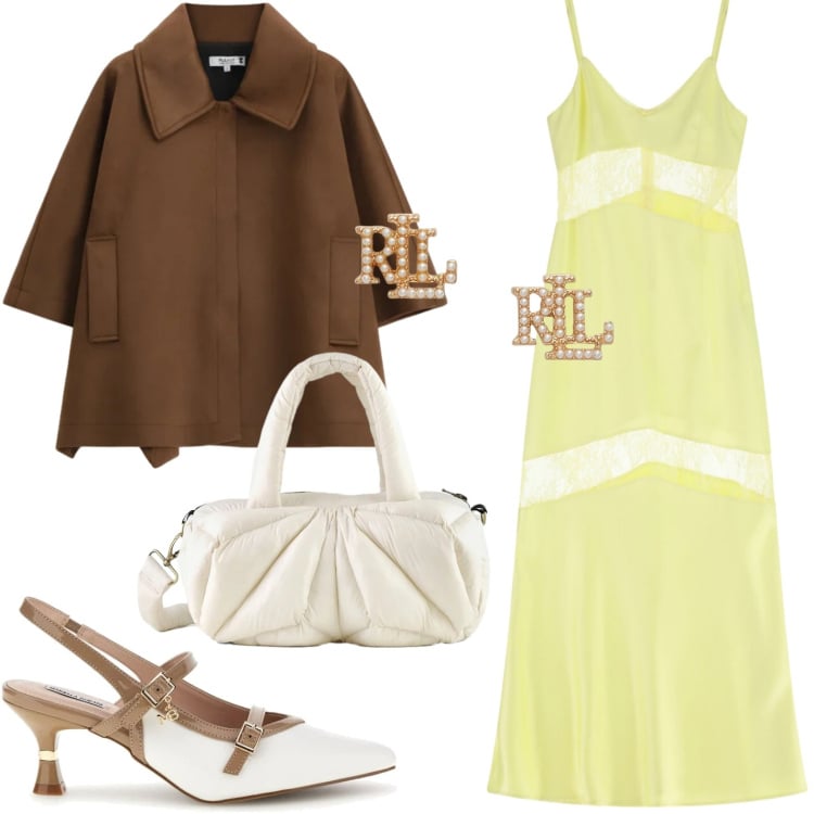 Outfit donna - Curve in movimento. Stile Minimal per Tutti i giorni. Abbinamento con vestiti lunghi, cappotti, borse a mano, orecchini, décolleté.