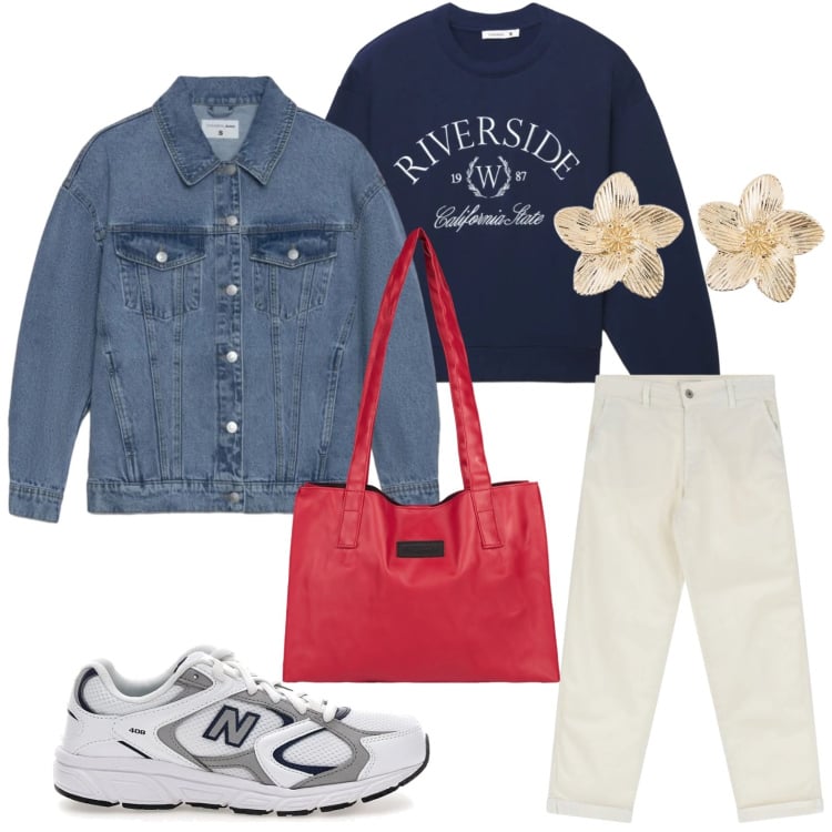 Outfit donna - Pomeriggio libero. Stile Urban per Tutti i giorni. Abbinamento con orecchini, jeans, shopping bag, cappotti, felpe, sneakers.