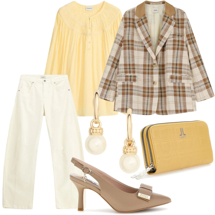 Outfit donna - Colori che illuminano. Stile Minimal per Tutti i giorni. Abbinamento con bluse, pantaloni, blazer, orecchini, portafogli, décolleté.