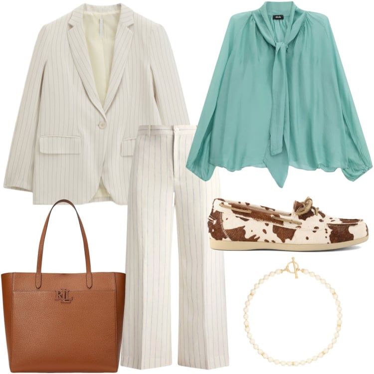 Outfit donna - Spring in Sale. Stile Glamour per Tutti i giorni. Abbinamento con blazer, bluse, borse tote, collane, pantaloni, mocassini.