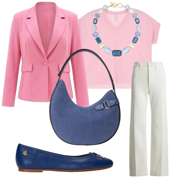 Outfit donna - Colori che illuminano. Stile Bon Ton per Ufficio. Abbinamento con t-shirt, blazer, ballerine, pantaloni, borse a spalla, collane.
