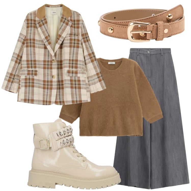 Outfit donna - Colori in contrasto. Stile Casual chic per Tutti i giorni. Abbinamento con anfibi, pantaloni a palazzo, blazer, maglieria, cinture.