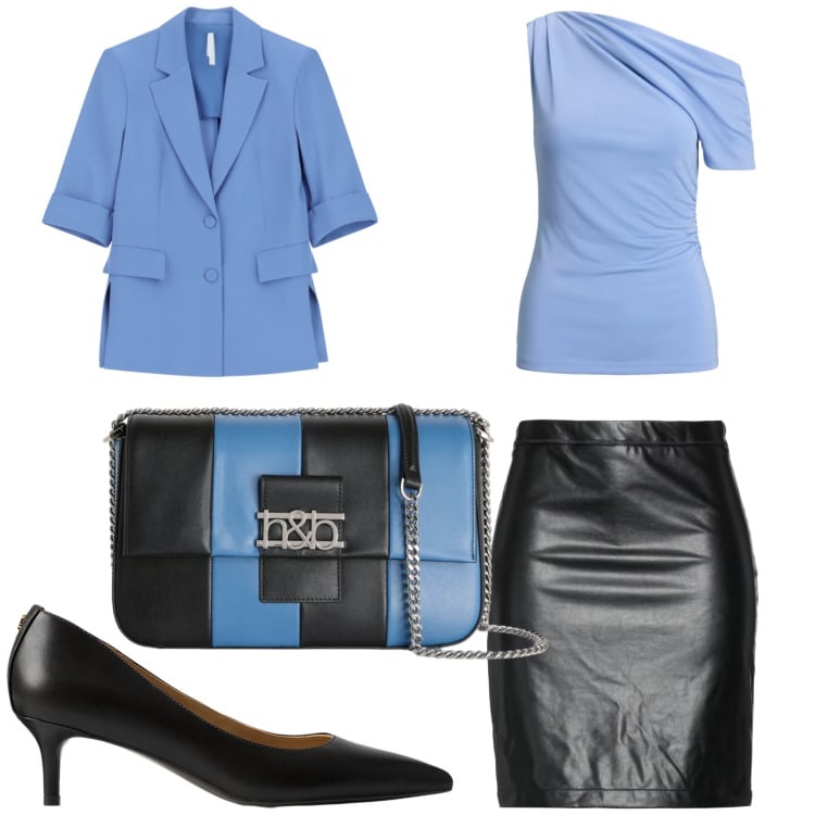 Outfit donna - Gonna midi in pelle. Stile Casual chic per Tutti i giorni. Abbinamento con minigonne, borse a tracolla, blazer, décolleté, top.