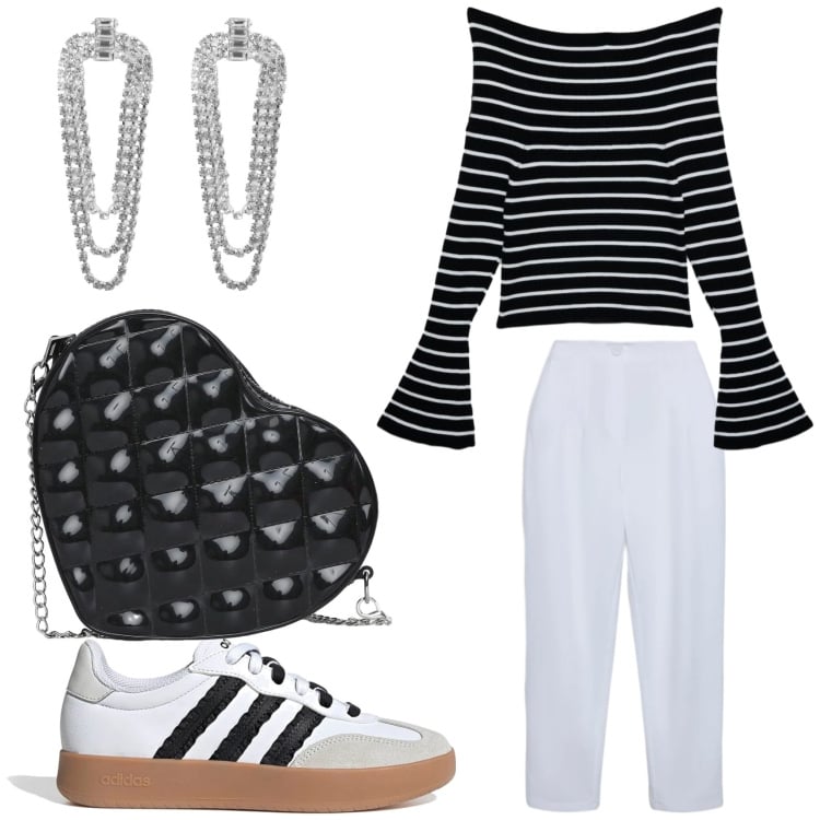 Outfit donna - Il pantalone bianco in primavera. Stile Casual per Tutti i giorni. Abbinamento con sneakers, orecchini, maglieria, pantaloni chino, borse a tracolla.