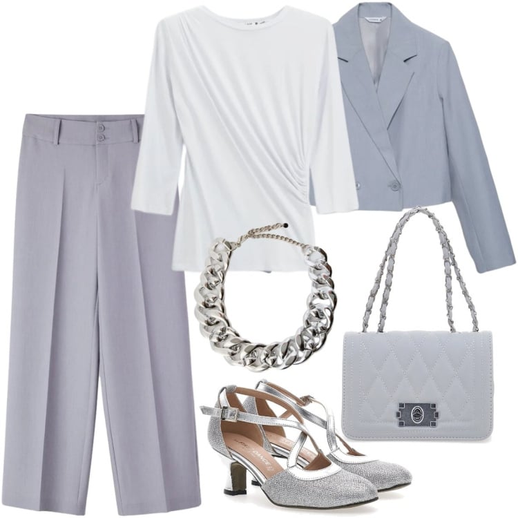 Outfit donna - Il ritorno del grigio a primavera. Stile Chic per Cerimonia. Abbinamento con collane, top, borse a tracolla, scarpe col tacco, blazer, pantaloni.