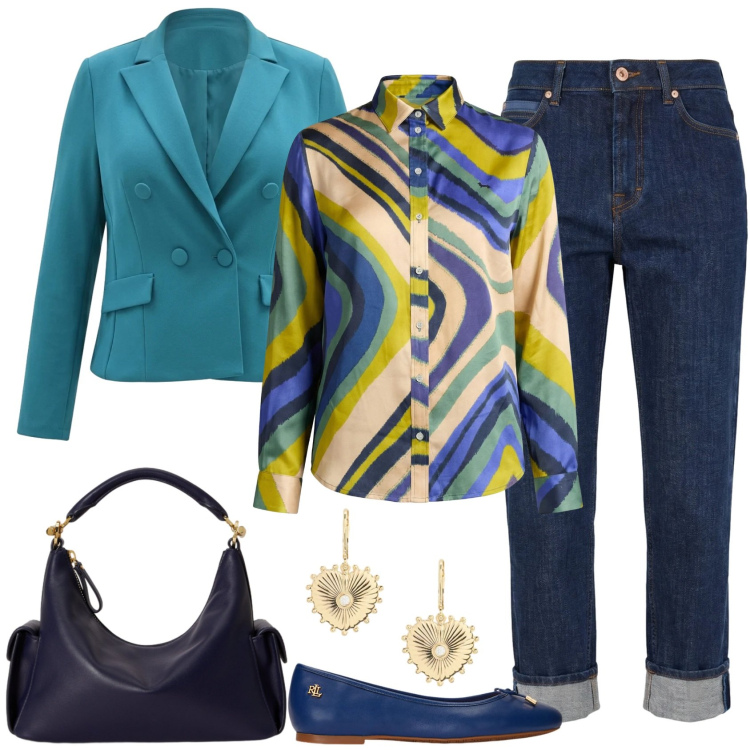 Outfit donna - Spring time. Stile Casual chic per Tutti i giorni. Abbinamento con camicie, jeans, blazer, ballerine, orecchini, borse a spalla.