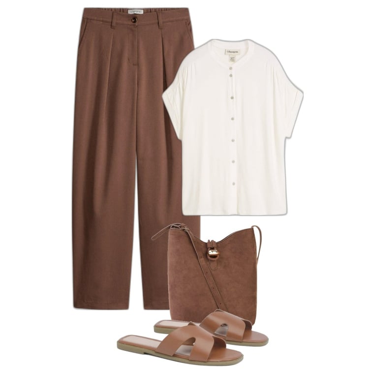 Outfit femme - Minimal Brown. Style Minimal pour Bureau. Assortir avec pantalon , sacs seau, chemisiers, sandales.
